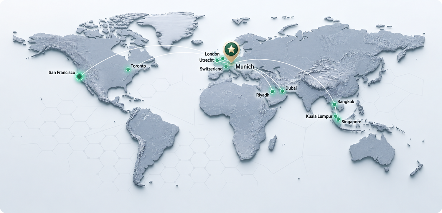 World map showing OKR Institute office locations across 4 continents